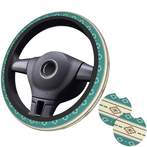 Rustic Western Aztec Steering Wheel Cover for Women Men with 2 Pcs Car Coasters, 15 Inches Neoprene Anti-Slip Cute Universal Car Accessories Protective Cover for Vehicle - color: Rustic Western Aztec