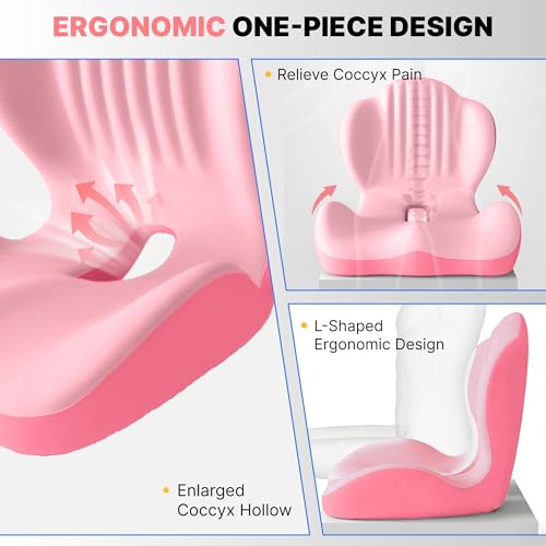 Ergonomic Seat Cushion, Office Chair Seat Cushions with L-Shaped Integrated Design, Memory Foam Orthopedic Cushion with Coccyx Hollow, Lumbar Support & Tailbone Pain Relief for Long Sitting (Pink) - color: Pink