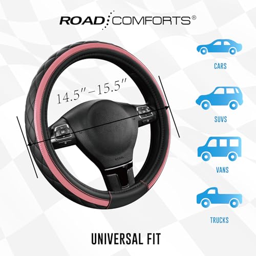 Road Comforts Leather Steering Wheel Cover – Black & Pink, Universal Fit 14.5-15 Inch, Microfiber Leather, Anti-Slip & Breathable Design for Men and Women - color: Light Pink