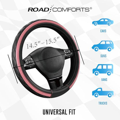 Road Comforts Leather Steering Wheel Cover – Black & Pink, Universal Fit 14.5-15 Inch, Microfiber Leather, Anti-Slip & Breathable Design for Men and Women - color: Light Pink