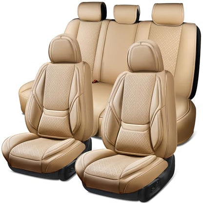 CAR PASS Nappa Leather Car Seat Covers 5 Seat, Luxury Lumbar Support, Waterproof Breathable Durable All Coverage Leatherette Seat Covers for SUVs,Pickups,Trucks,Vehicles (Full Set Solid Beige) - color: Beige