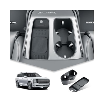 BIBIBO 2Packs for 2026 Hyundai Palisade Center Console Cup Holder 2026 Hyundai Palisade Console Wireless Charging Mats & Console Cup Holder Insert 2026 Palisade Silicone Console Tray 2026 Palisade - color: Black-(Cup Holder+Charging Mats)