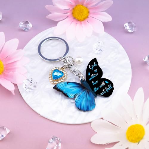 Butterfly Keychains for Women Christian Keychain Bible Quotes Spiritual Gifts for Women Religious Bible Verse Gifts Christian Accessories Blue Butterfly Charms for Purses