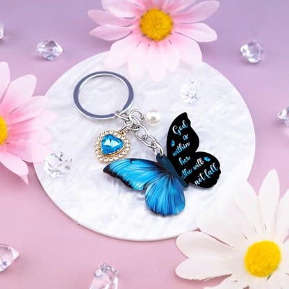 Butterfly Keychains for Women Christian Keychain Bible Quotes Spiritual Gifts for Women Religious Bible Verse Gifts Christian Accessories Blue Butterfly Charms for Purses