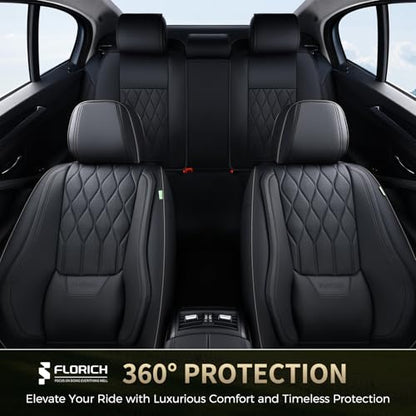 Leather Seat Covers Full Set Black Car Seat Covers with Lumbar Support Waterproof Car Seat Cushion 5 Seats Full Coverage Seat Protector Universal Fit for Most Cars Sedans Trucks SUV, Black