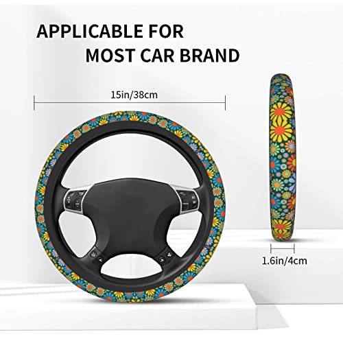 Hippie Daisy Flower Steering Wheel Cover for Women Men with 2 Pcs Car Coasters, Universal 14.5-15 Inch Rainbow Steering Wheel Covers Non-Slip Car Accessories for Girls - color: Daisy