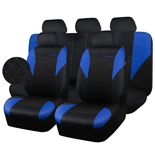 CAR PASS Ultrasonic Embossing Cloth Universal Seat Covers-Breathable Car Seat Cover with 5mm Composite Sponge Inside,Airbag Compatible,2zipper Bench for Sedan,SUV,Truck(Black and Blue,Full Set) - color: Blue