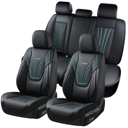 Coverado Car Seat Covers Full Set, 5 Piece Car Seat Protector with Lumbar Support & Removable Headrest, Breathable Leather Front Rear Seat Cushion Universal Fit for Truck Automotive Black & Blue - color: Lumbar-Black&Blue, size: Full Set