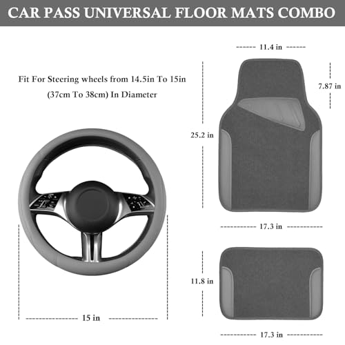 CAR PASS Microfiber Leather Steering Wheel Cover and Waterproof Car Floor Mats,Universal Car Combo Fit for 95% Sedan,SUV,Cars,14.5-15inch Anti-Slip Safety Comfortable Faux Leather Design(Solid Gray) - color: All Gray