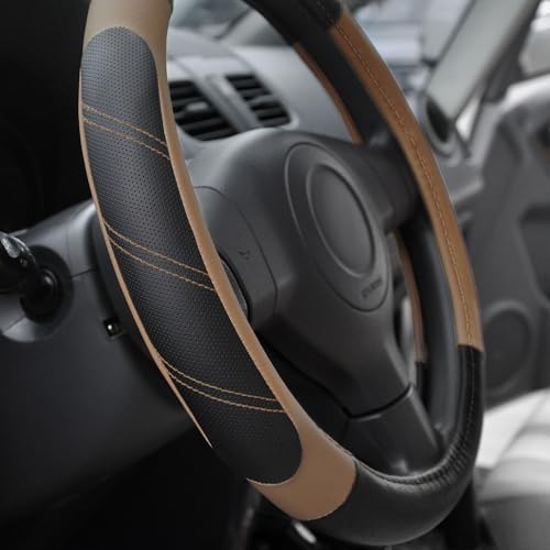 Elantrip Leather Steering Wheel Cover 15 1/2-16 inch Universal Padded Soft Grip Breathable for Car Truck SUV Jeep Anti Slip Brown - color: Black and Brown, size: 15 1/2 - 16 Inch