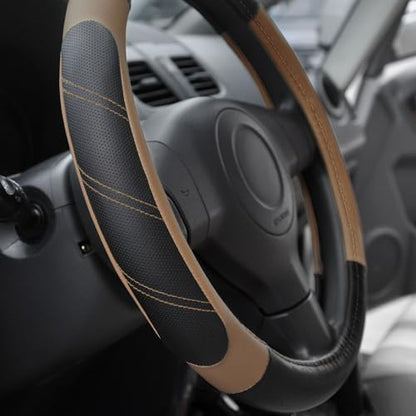 Elantrip Leather Steering Wheel Cover 14 1/2 to 15 inch Universal Padded Soft Grip Breathable for Car Truck SUV Jeep Anti Slip Brown - color: Black and Brown, size: 14 1/2 - 15 Inch
