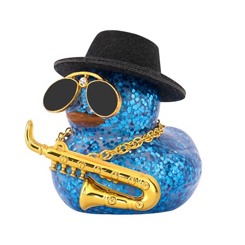wonuu Car Decoration Saxophone Rubber Ducks, Dashboard Decor Duck Car Ornaments with Mini Top Hat Necklace Sunglasses, Dark Blue - color: Dark Blue, style: Glitter