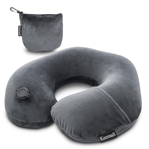 Keemall Inflatable Travel Neck Pillow, Super Soft Plane Neck Support Pillow for Travel Ariplane Sleep Support, Adjustable Neck Cushion Headrest Pillow, Folds Up Nicely, Black Grey - color: Black Grey, size: Medium