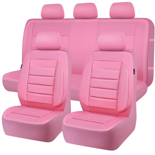 CAR PASS Pink Leather Seat Covers Full Set Universal Water Resistant 3D Foam Back Support, Luxury Comfort Automotive 5 Seat Covers for Women All Season Fit SUV,Sedan,Van, Airbag Compatible Pink - color: All Pink