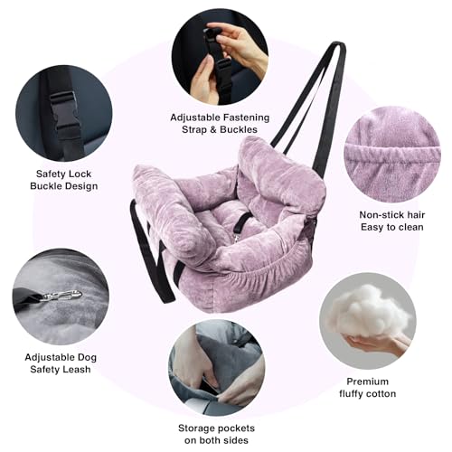 Pet Car Seat for Small Dogs up to 25 lbs with Safety Straps, Storage Pockets, Travel Carrier Bed Booster Seat, Machine Washable (Light Purple) - color: Light Purple