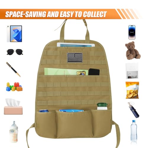 Tactical Molle Car Seat Back Organizer, Vehicle Panel Car Seat Back Cover Protector with 5 Storage Pouch, Universal Backseat Storage Organizer with USA Flag Patch for Car SUV Truck (Khaki-1 Pc) - size: Khaki-1 Pc