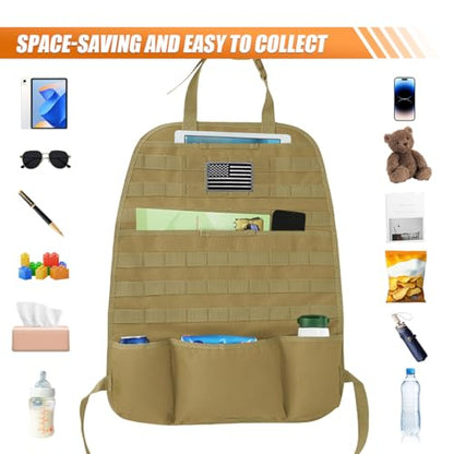 Tactical Molle Car Seat Back Organizer, Vehicle Panel Car Seat Back Cover Protector with 5 Storage Pouch, Universal Backseat Storage Organizer with USA Flag Patch for Car SUV Truck (Khaki-1 Pc) - size: Khaki-1 Pc