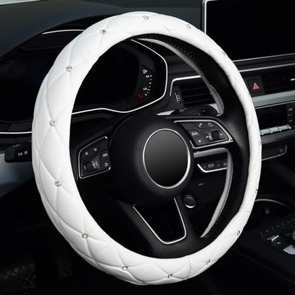 KAFEEK Diamond Soft Leather Steering Wheel Cover with Bling Bling Crystal Rhinestones, Universal 15 inch, Pure White - color: White, size: Medium(Standard) Size[14.5"-15"]