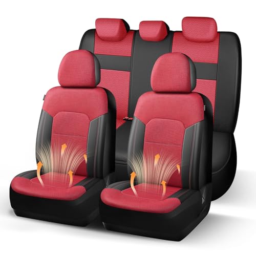 HChengkikz Seat Covers Full Set, Air Mesh and Faux Leather Car Seat Covers, Automotive Seat Covers Airbag Compatible, All Season Protection Comfort for Most Cars, Trucks, SUVs (Black Red) - color: N812 Black Red, size: Full Set