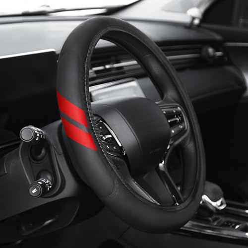 Premium Leather Steering Wheel Cover Compatible with Dodge Challenger Charger SRT RAM, Universal Fit 14-15 Inch, Breathable, Comfortable Grip, Lightweight, Easy Install Accessory - color: Red Dual Stripe
