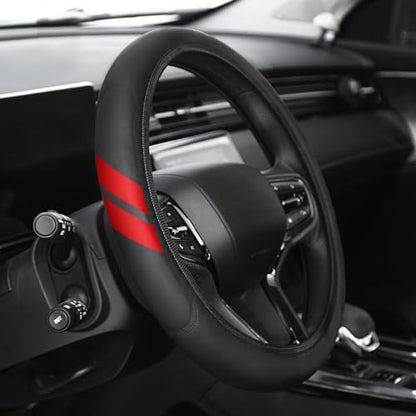 Premium Leather Steering Wheel Cover Compatible with Dodge Challenger Charger SRT RAM, Universal Fit 14-15 Inch, Breathable, Comfortable Grip, Lightweight, Easy Install Accessory - color: Red Dual Stripe
