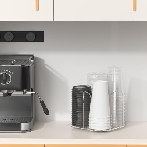 4-Compartment Countertop Cup Dispenser - Clear Acrylic Cup and Lid Carousel Coffee Bar Accessories Rotating Beverage Cup Holder Disposable Paper Cup Organizer for Restaurant Kitchen Breakroom - color: Clear