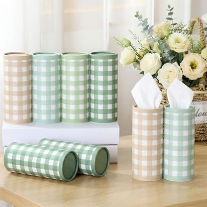 12 Set Green Plaid Tissue Boxes for Car Cylinder Bulk Fresh Plaid Round Cylinder Holder with 3 Ply Facial Tissues for Spring Summer Travel Bathroom Office Decoration - style: Green Plaid