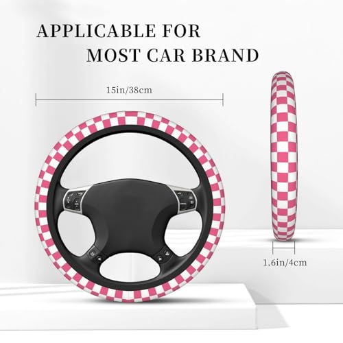 Pink Checkered Steering Wheel Cover for Women,Universal Auto Steering Wheel 14-15 Inch Car Interior Accessories with 2PCS Car Coasters,Suitable for Men and Women - color: pink