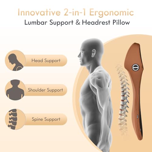 Car Seat Lumbar Support with Headrest Pillow Memory Foam Car Lumbar Pillow Back Support Cushion 2-in-1 Ergonomic Back Rest Pillow & Car Neck Pillow for Driving Tailbone Pain Relief, Brown - color: Brown, size: 2-in-1 Lumbar&headrest Pillow
