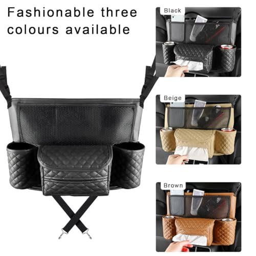 Car Purse Holder Between Seats, Luxury Leather Front Seat Back Handbag Organizer with Tissue Box Cup Holders, Auto Large Capacity Multi Pocket Purse Holder Hanging Storage Bag (Black) - color: Black