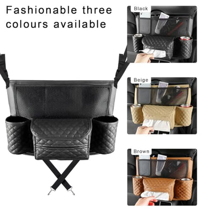 Car Purse Holder Between Seats, Luxury Leather Front Seat Back Handbag Organizer with Tissue Box Cup Holders, Auto Large Capacity Multi Pocket Purse Holder Hanging Storage Bag (Black) - color: Black