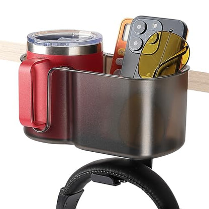 KEMIMOTO Desk Cup Holder with Headphone Hanger, 2 in 1 Caddy Organizer for Office Table, Lawn Chair, Golf Cart, Pontoon Boat, Fit for Most 18-32 oz Bottles - color: Brown