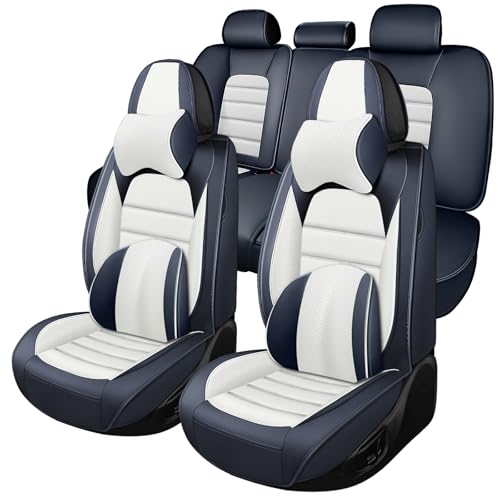 Full Set for Volkswagen Taos Seat Covers 2022-2026, Waterproof Nappa Leather Car Seat Protector, Anti-Slip & Comfortable Car seat Cover (Luxury 5 Seats Blue & White) - color: Blue&White, size: Luxury 5 Seats