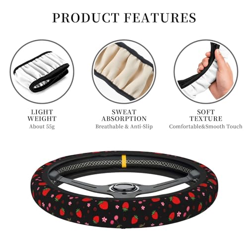 Cherry Strawberry Neoprene Steering Wheel Cover for Men Women Anti-Slip Elastic Steering Wheel Protective Cover 15in Universal Car Accessories Fit Cars, SUVs, Auto - color: Cherry Strawberry