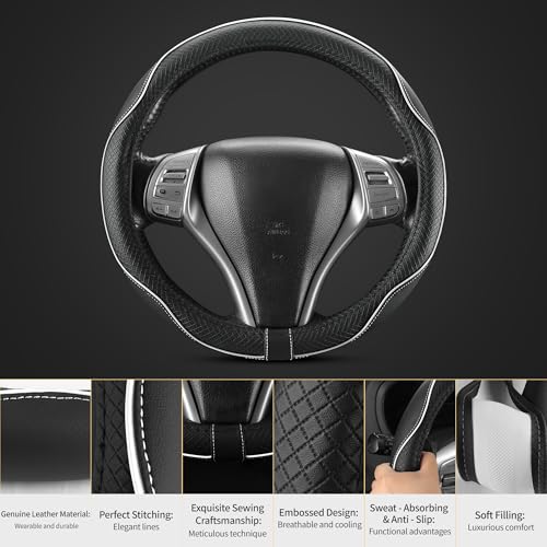 Leather Car Steering Wheel Cover,Anti-Slip, Safety,Soft,Breathable,Heavy Duty,Thick,Full Surround, Sports Style,Universal Car Accessories for Women Men Fit 14" 1/2-15"(Black with White line) - color: Black White Line