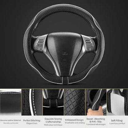 Leather Car Steering Wheel Cover,Anti-Slip, Safety,Soft,Breathable,Heavy Duty,Thick,Full Surround, Sports Style,Universal Car Accessories for Women Men Fit 14" 1/2-15"(Black with White line) - color: Black White Line