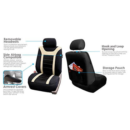 FH Group Car Seat Covers Sports Seat Covers Front Seats Only, Airbag Compatible Beige Black Automotive Seat Cover Combo Small Car Seat Cover Design Universal Fit Interior Accessories Cars Trucks SUVs - color: Beige