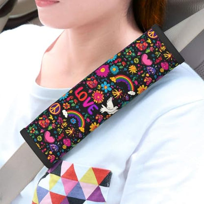 Retro Flower Peace Rainbow Love Steering Wheel Cover Elastic Non-Slip Car Steering Wheel Covers with Seat Belt Shoulder Pad for Women Men - color: Retro Flower Peace Rainbow Love