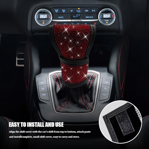 Bling Auto Gear Shift Knob Cover, Car Shifter Cover, Sparkly Crystal Rhinestones Gear Shift Knob Cover for Women Girls, PU Leather Shift Gear Cover with Bling Accessories Fit Cars (Red) - color: Red