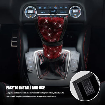 Bling Auto Gear Shift Knob Cover, Car Shifter Cover, Sparkly Crystal Rhinestones Gear Shift Knob Cover for Women Girls, PU Leather Shift Gear Cover with Bling Accessories Fit Cars (Red) - color: Red