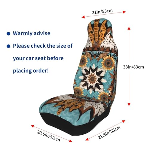 Car Seat Covers for SUV Truck Van Sedans Boho Sunflower Aztec Polyester Fabric Front Bucket Seat Cover Southwest Western Cow Teal Blue Car Accessories, Set of 2pcs - color: BOHO Sunflower