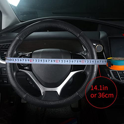 QianBao Genuine Leather Car Steering Wheel Cover Black for 13.5 to 14.2 inches Steering Wheels, Sweat Absorbent (Black) - color: Black Line