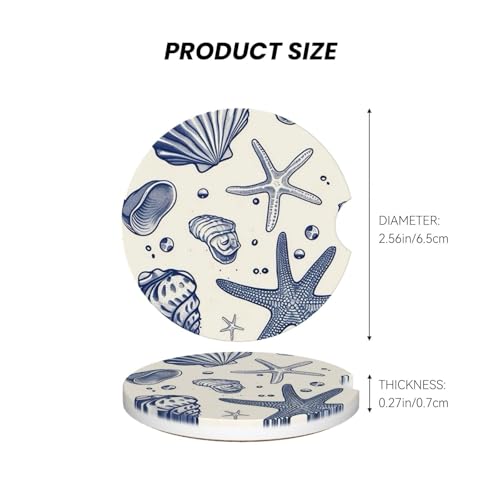 Blue Sea Starfish Shells Absorbent Ceramic Car Coasters for Cup Holders, 2.56" Anti Slip Insert Cup Coasters for Women Men (2 PCS) - color: Blue Sea Starfish Shells
