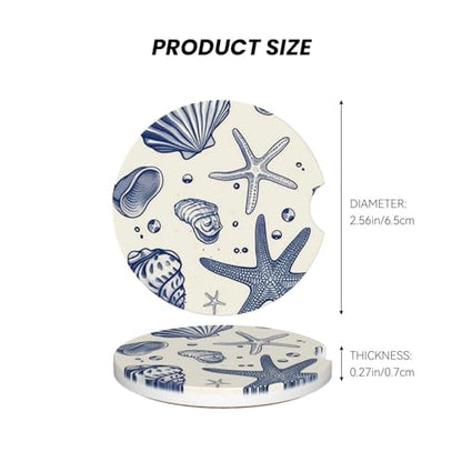 Absorbent Ceramic Car Coasters for Cup Holders, Blue Sea Starfish Shells Design 2.56" Anti Slip Universal Drink Cup Coasters for Women Men (2 Pack) - color: Blue Sea Starfish Shells