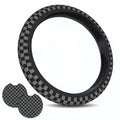 Checkered Gray Steering Wheel Cover 14.5-15.5 Inch - Elastic Anti-Slip Breathable Universal Fit for Car Truck SUV + 2 Car Coasters for Women Men - color: Checkered Gray