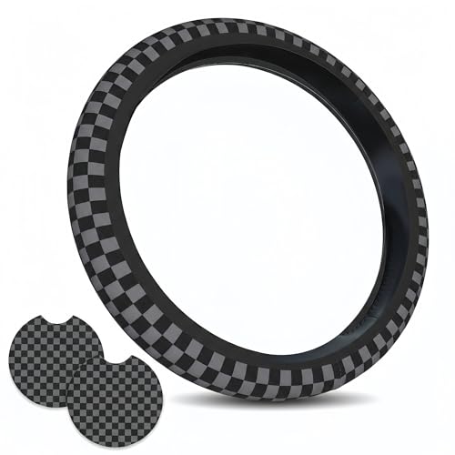 Checkered Gray Steering Wheel Cover 14.5-15.5 Inch - Elastic Anti-Slip Breathable Universal Fit for Car Truck SUV + 2 Car Coasters for Women Men - color: Checkered Gray