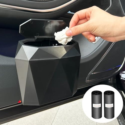 Wontolf Mini Car Trash Can Bin Garbage Can with Lid and 60pcs Trash Bags, ABS Diamond Design Dustbin Car Organizer Container Accessories
