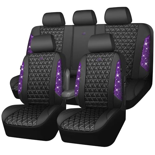 CAR PASS Bling Diamond Leather Car Seat Covers Full Seats Interior Sets, Waterproof Shining Glitter Sparkly Crystal Universal Armrest Fit Automotive Truck SUV Cute Women Girl, Black Purple Rhinestone - color: Purple Rhinestone, size: Full Set