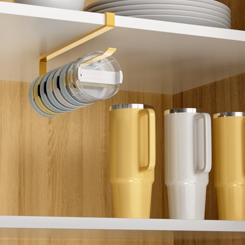 2 PCS Tumbler Lid Organizers, Ample Lid Capacity Up to 30 Lids, No Adhesive No Drill Yeti Lid Organizer Holder Inside Cabinet, Space-Saving Stanley Tumbler Cup Lid Holder Organizer for Kitchen (Gold) - color: Gold