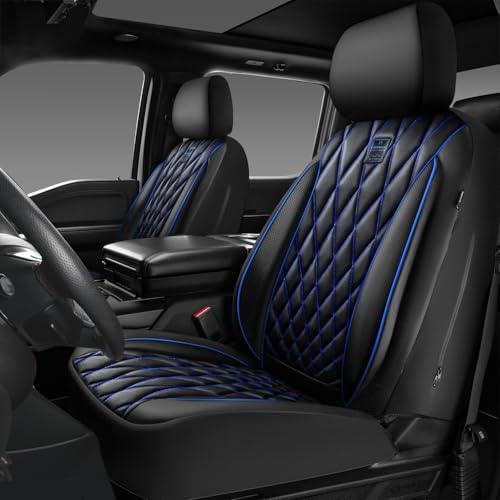 CAR PASS Piping Luxury PU Leather Two Front Car Seat Covers,Waterproof Anti- Slip Seat Covers Compatible with Front Seat Armrests,Universal Fit for Suvs,Vans,Trucks,Airbag Compatible(Black and Blue) - color: Black and Blue, size: Two Front